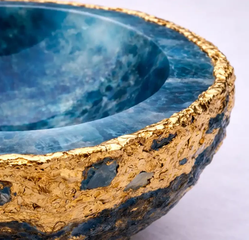 Blue agate bowl for nuts, jewellery and decor with gold edge finish | Stonerie