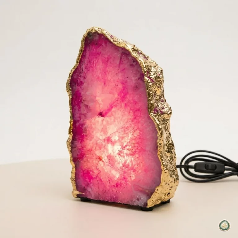 Pink agate lamp with gold finish – luxury gemstone night light and desk lamp