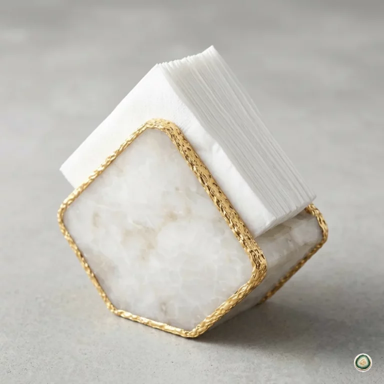 Unique White Agate Napkin Holder – Natural Stone Paper Napkin Holder with Gold Edge - Stonerie Unique white agate napkin holder with gold edge – luxury stone paper napkin holder for table