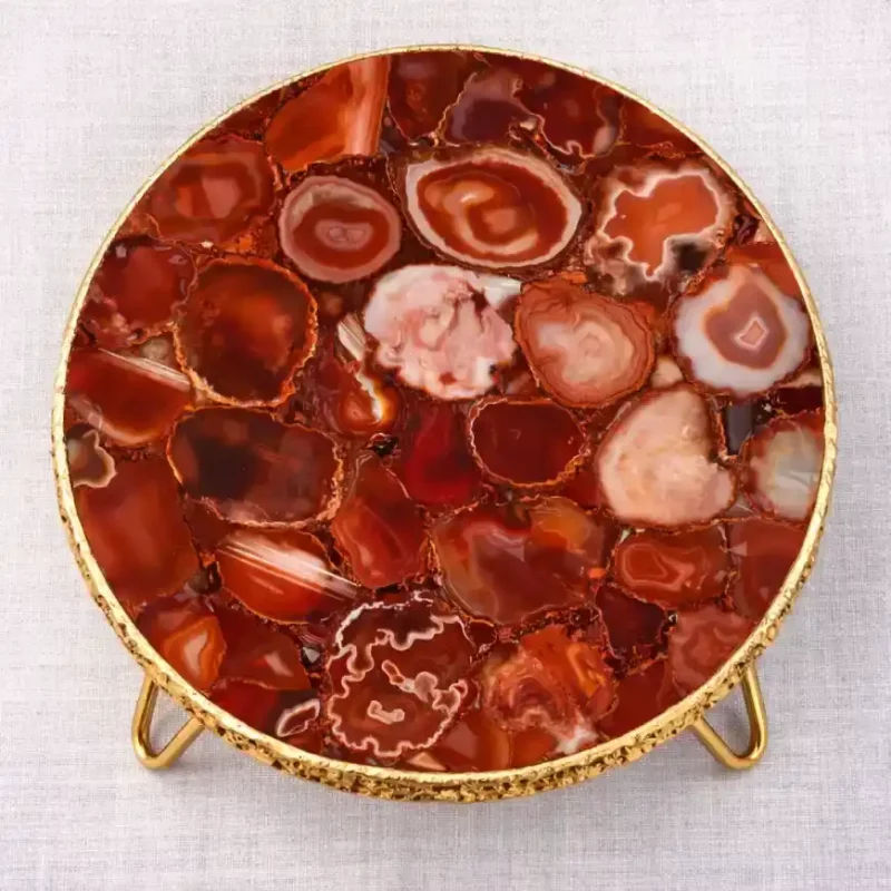 Red agate cake stand 10 inch round with gold edge finish – luxury dessert display stand | Stonerie