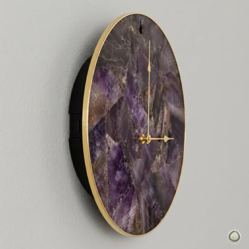 24 inch round amethyst wall clock with natural crystal stone and metallic electroplated edge for luxury living room decor | Stonerie
