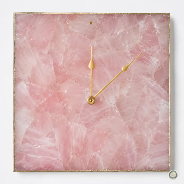 Large rose quartz wall clock with brass hands and natural crystal stone for luxury bedroom decor | Stonerie