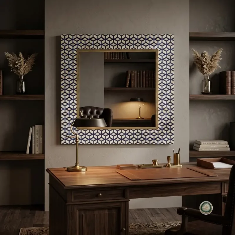 Blue Bone Inlay Square Wall Mirror with Brass Trim 4 - Christmas Decoration | Stonerie