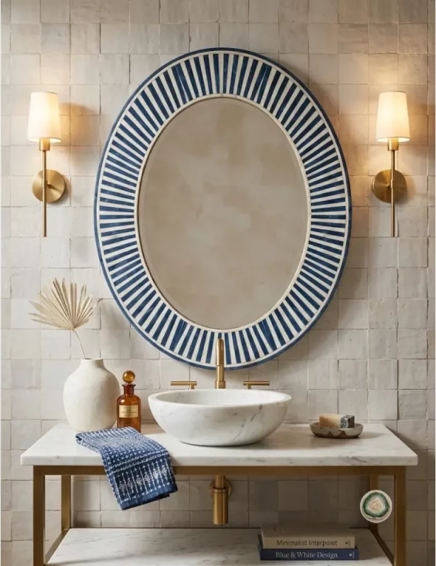 Handcrafted Blue Bone Inlay Rectangular Wall Mirror with artisan detailing, designed as a luxury decorative mirror for bathrooms, bedrooms, entryways, and living rooms. 1 - Christmas Decoration | Stonerie