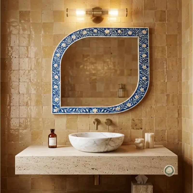 Handcrafted Blue Floral Bone Inlay Wall Mirror with an organic frame, designed as a luxury decorative accent for bathrooms, bedrooms, entryways, and living rooms. 5 - Christmas Decoration | Stonerie