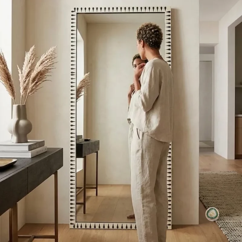 Handmade Bone Inlay Mirror with a modern wood frame, designed as a decorative wall mirror for bathrooms, bedrooms, entryways, and luxury living room interiors. 6 - Christmas Decoration | Stonerie