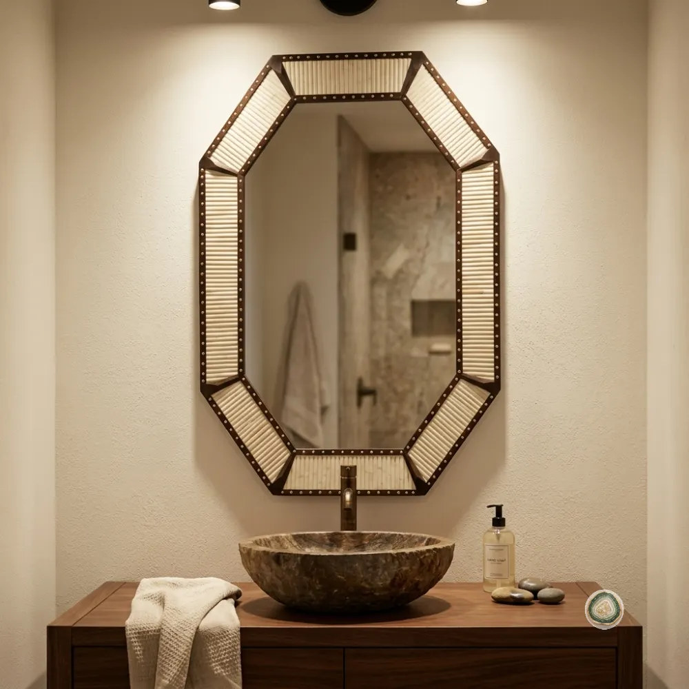 Octagonal Bone Inlay Mirror Frame – Handmade Statement Wall Décor - Image 4