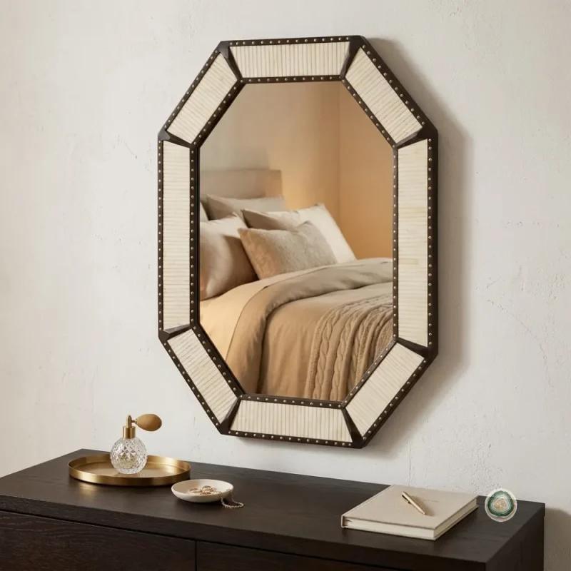 Handcrafted Octagonal Bone Inlay Mirror Frame with intricate artisan detailing, designed as a luxury statement wall mirror for bathrooms, bedrooms, entryways, and living rooms