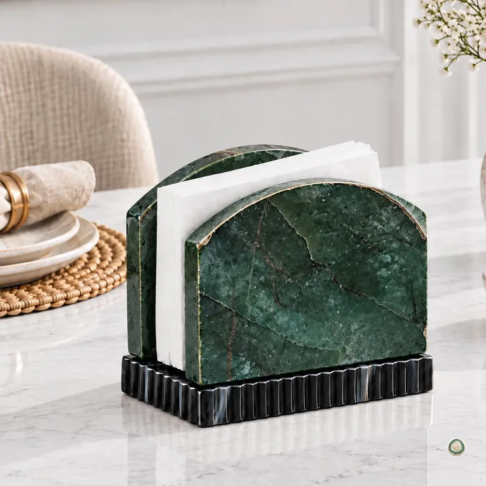 Green Jade napkin holder with White Agate base Green Jade napkin holder with White Agate base