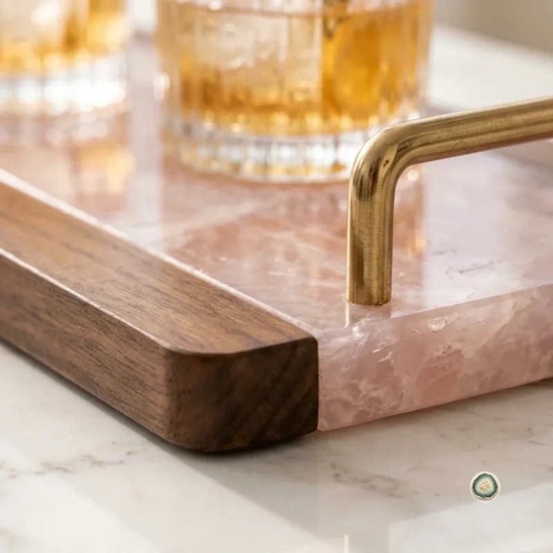 Rose Quartz Platter With Wooden Edge 7 - Christmas Decoration | Stonerie