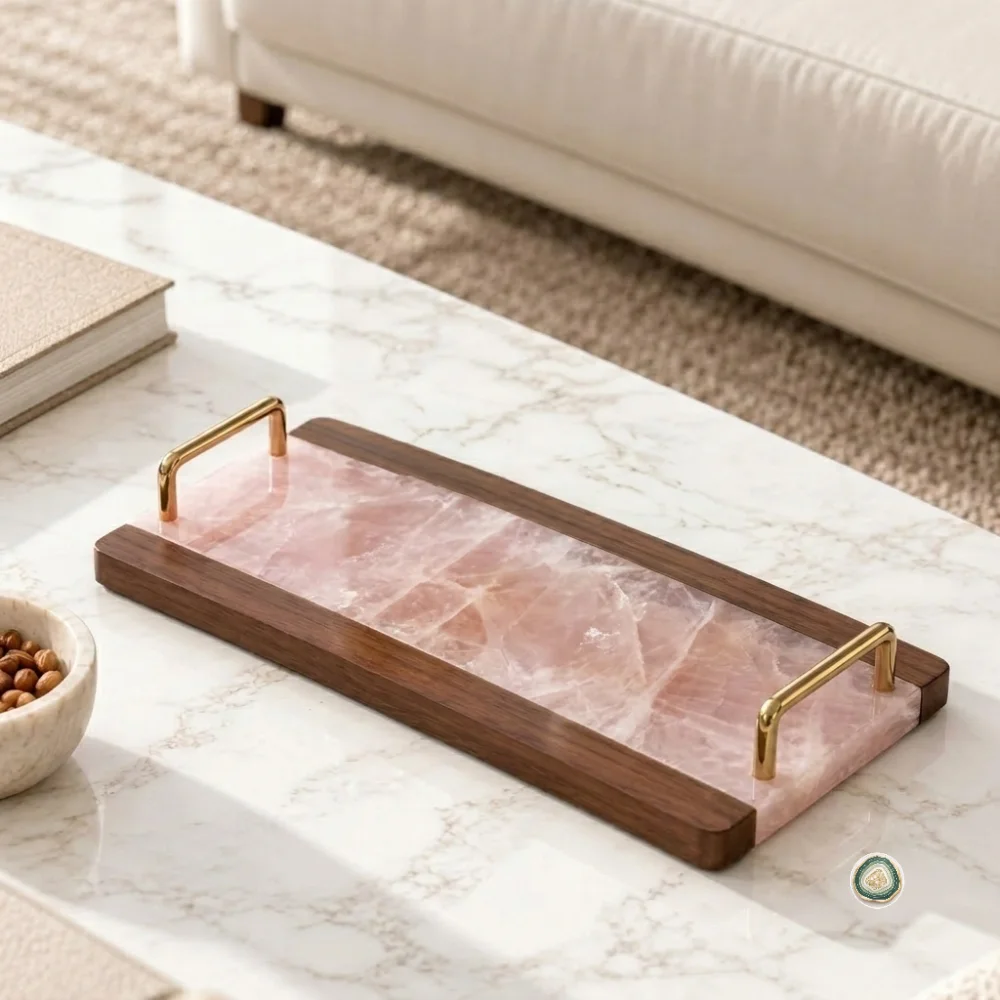 Rose Quartz Platter With Wooden Edge Rose Quartz Serving Tray with Handles