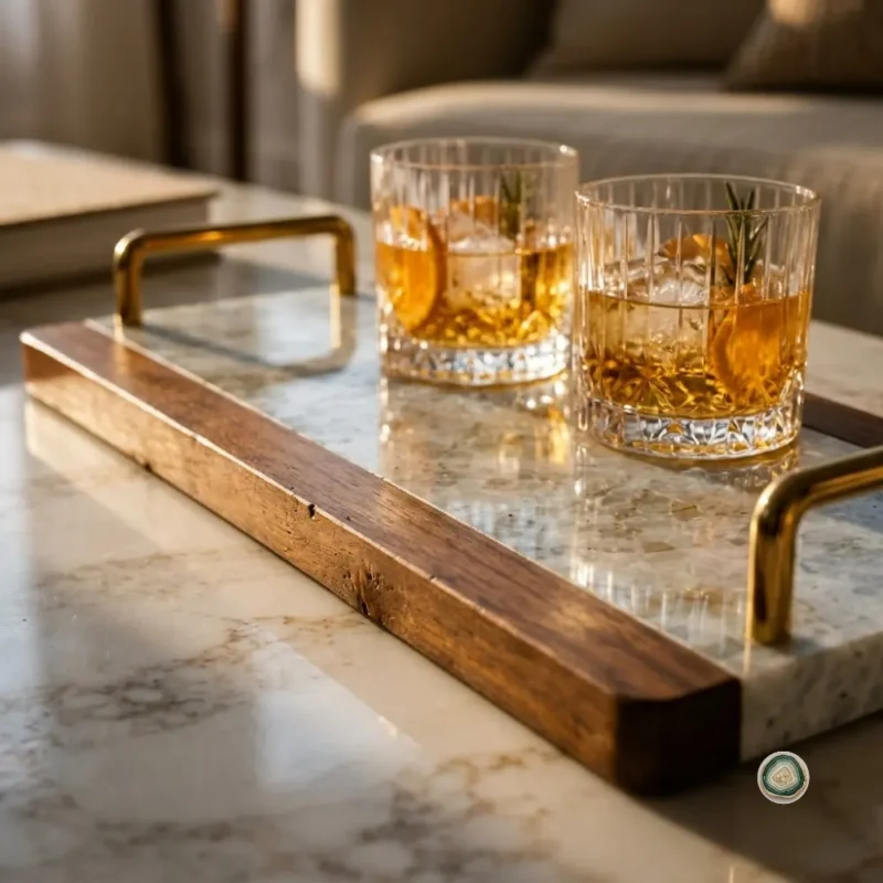 White agate Serving tray With wooden Handle 6 - Christmas Decoration | Stonerie