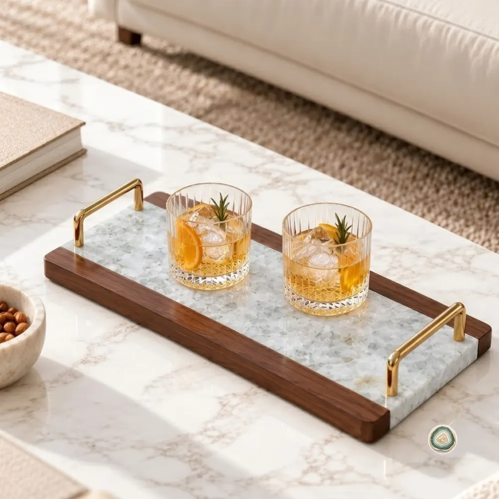 White Agate serving tray with wooden frame and brass handlesf White Agate serving tray with wooden frame and brass handles